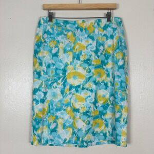 Talbots Women's Size 10 Pencil Skirt Turquoise Yellow Watercolor Floral Cotton